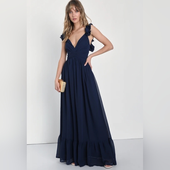 Lulus - Soiree Celebration Navy Blue Ruffled Lace-Up Maxi Dress - Picture 4 of 5